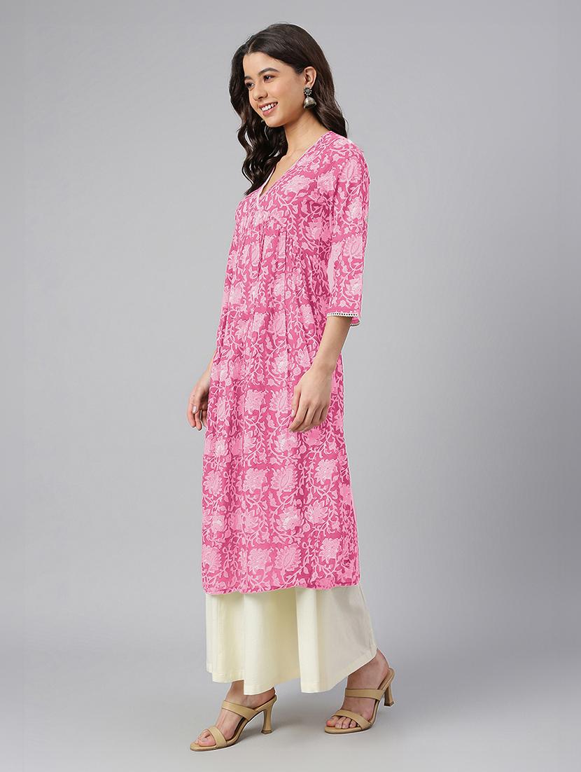 women three quarter sleeve a-line kurta - 21660498 - Standard Image - 2