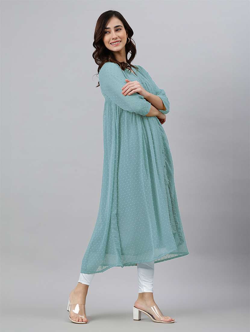 women self design three quarter sleeve flared kurta - 21660502 -  Standard Image - 2