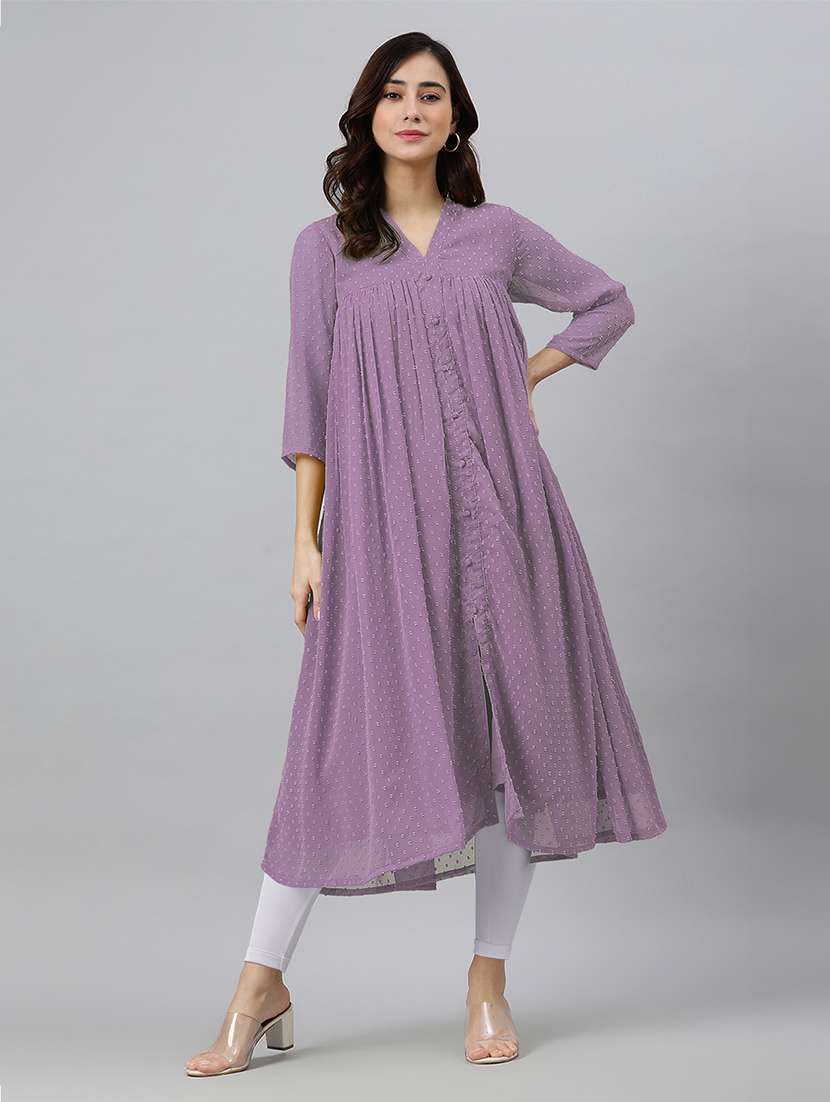 women self design three quarter sleeve flared kurta