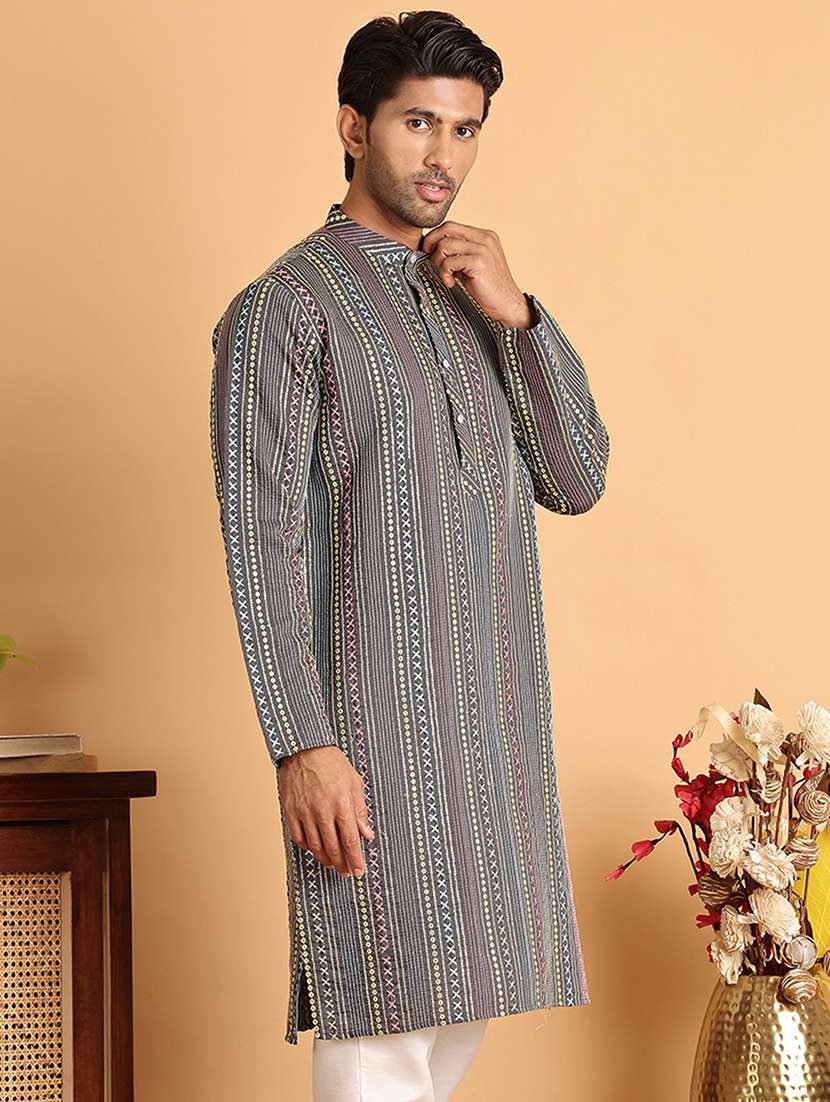 men embroidered mandarin neck long kurta - 21660538 -  Standard Image - 2