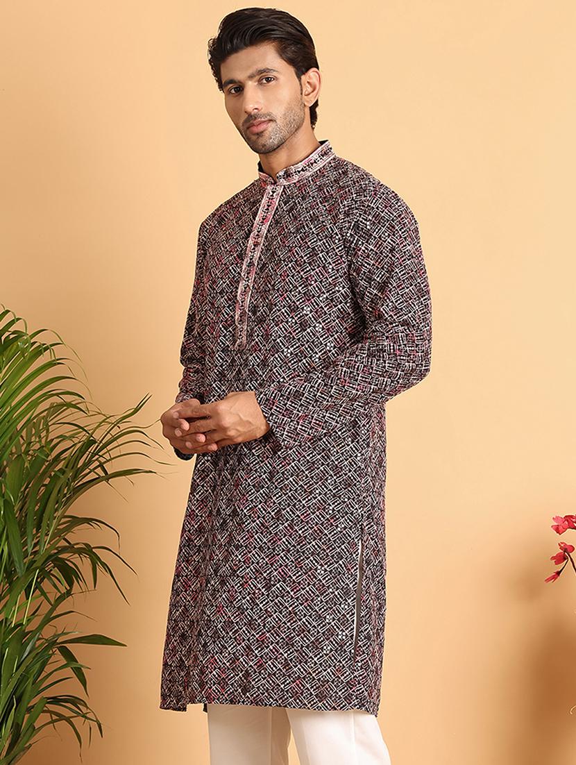 men embroidered mandarin neck long kurta - 21660540 - Standard Image - 2