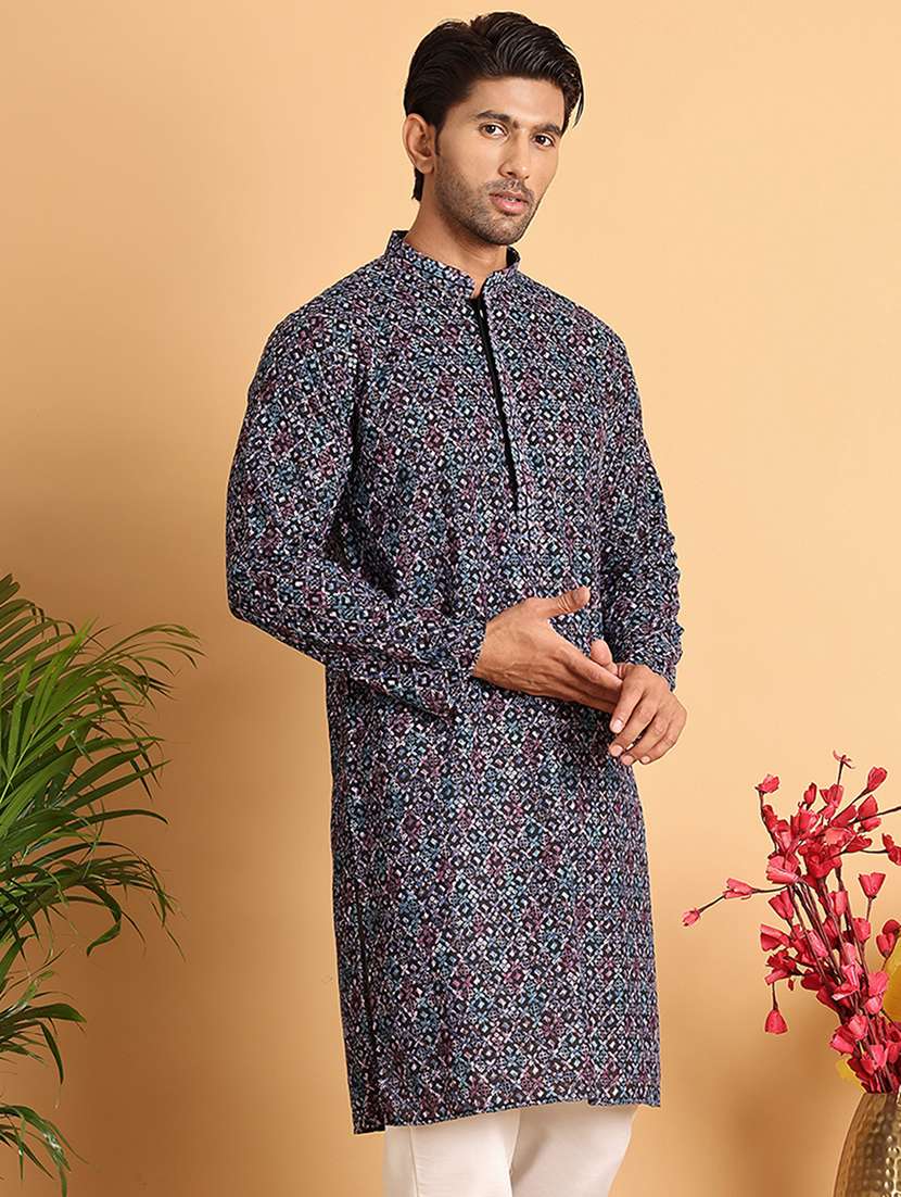 men embroidered mandarin neck long kurta - 21660541 -  Standard Image - 2