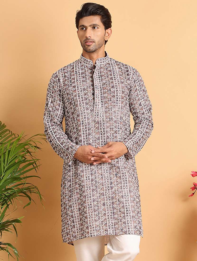 men embroidered mandarin neck long kurta