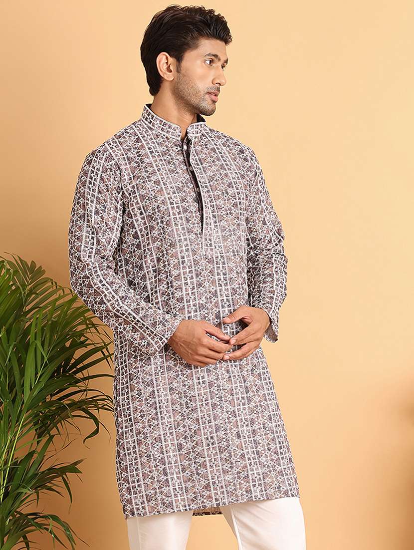 men embroidered mandarin neck long kurta - 21660545 - Standard Image - 2