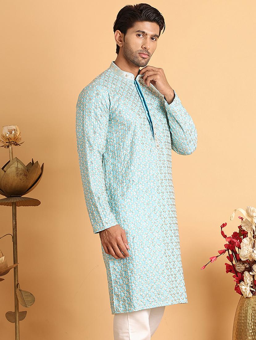 men embroidered mandarin neck long kurta - 21660551 - Standard Image - 2