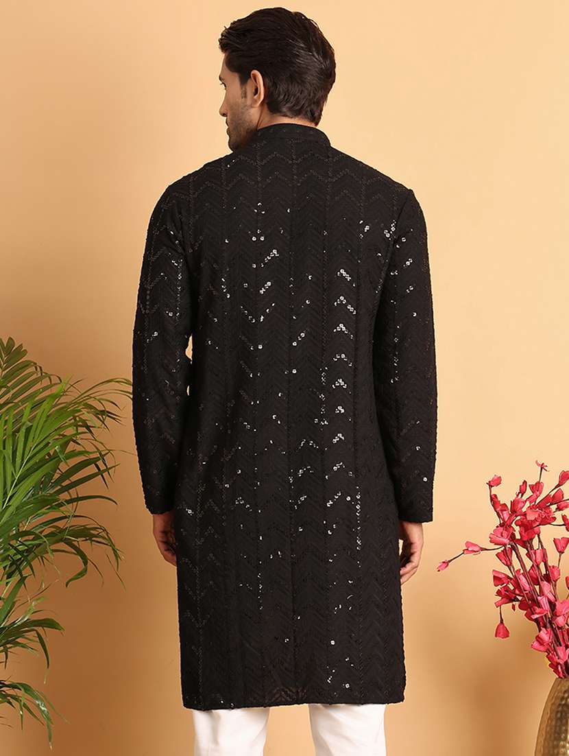 men sequin work mandarin neck long kurta - 21660555 -  Standard Image - 2