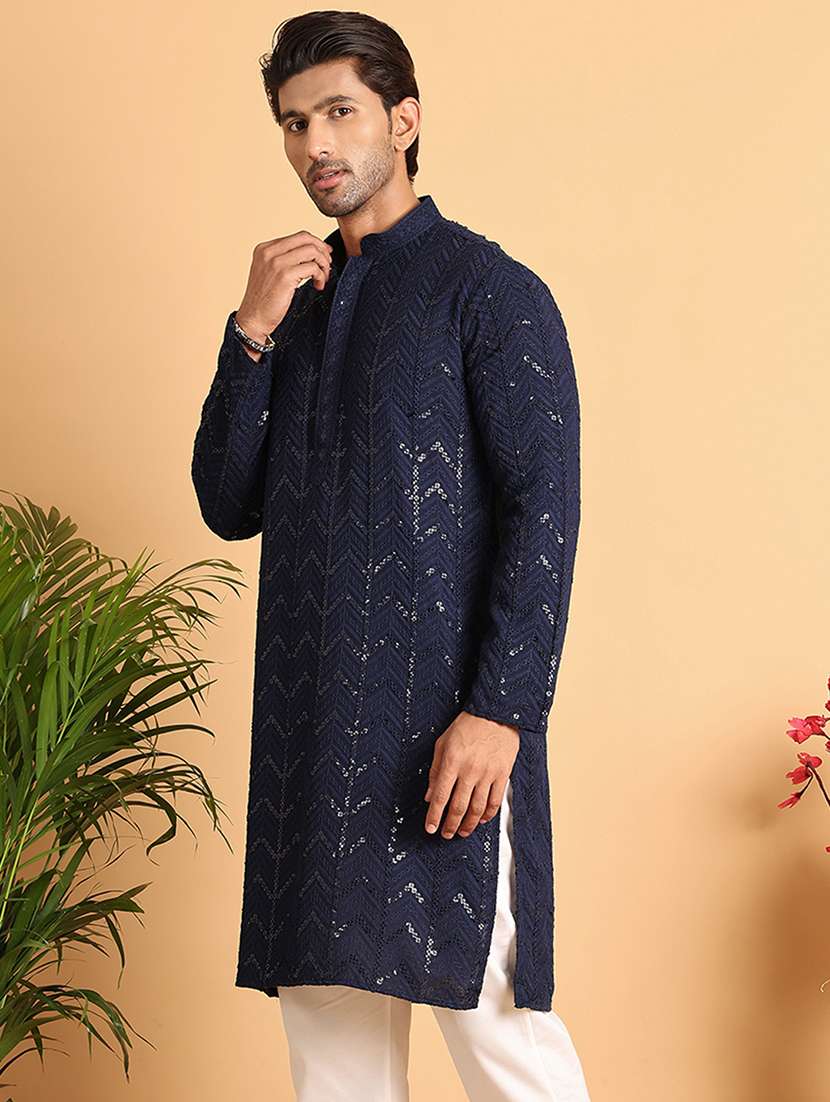 men sequin work mandarin neck long kurta - 21660557 -  Standard Image - 2