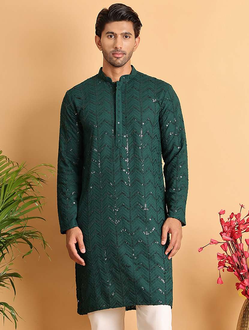 men sequin work mandarin neck long kurta