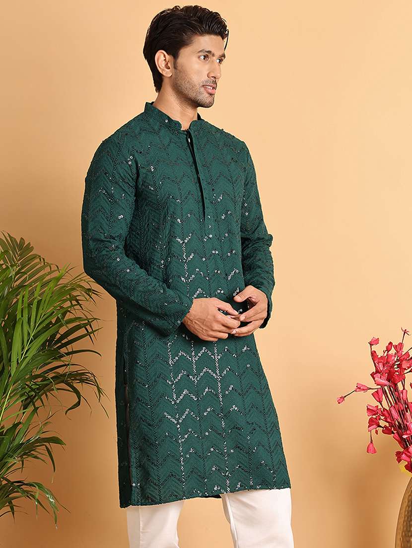 men sequin work mandarin neck long kurta - 21660558 -  Standard Image - 2