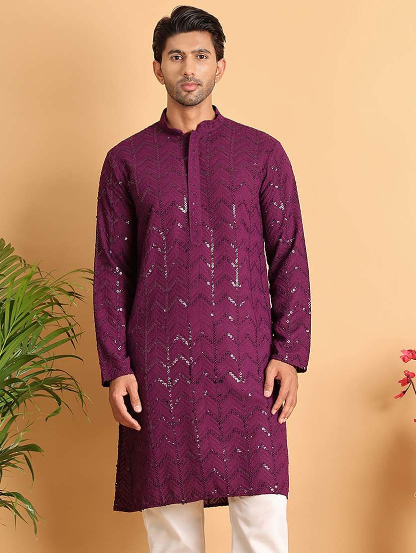men sequin work mandarin neck long kurta