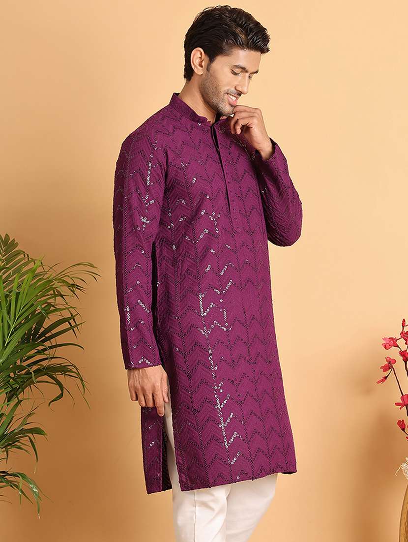 men sequin work mandarin neck long kurta - 21660559 -  Standard Image - 2