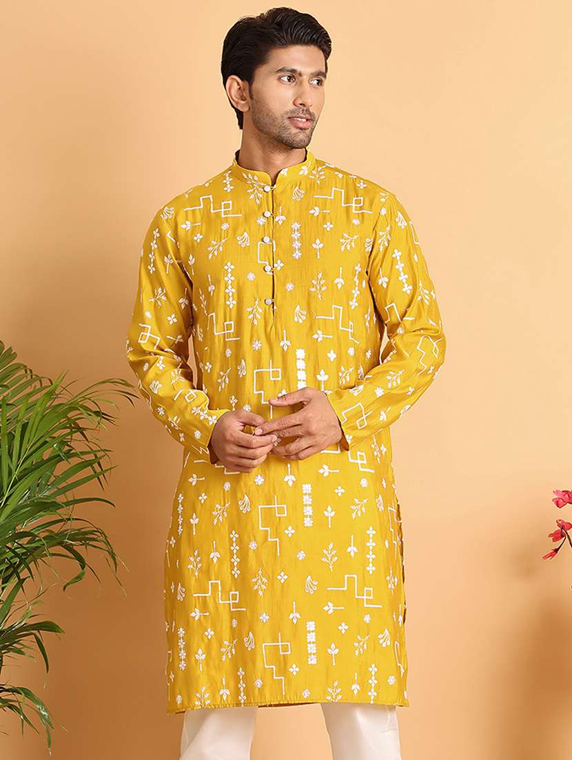 men embroidered mandarin neck long kurta