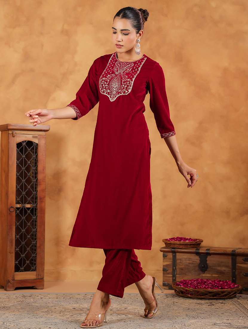 women red three quarter sleeve kurta pant set - 21660743 -  Standard Image - 2