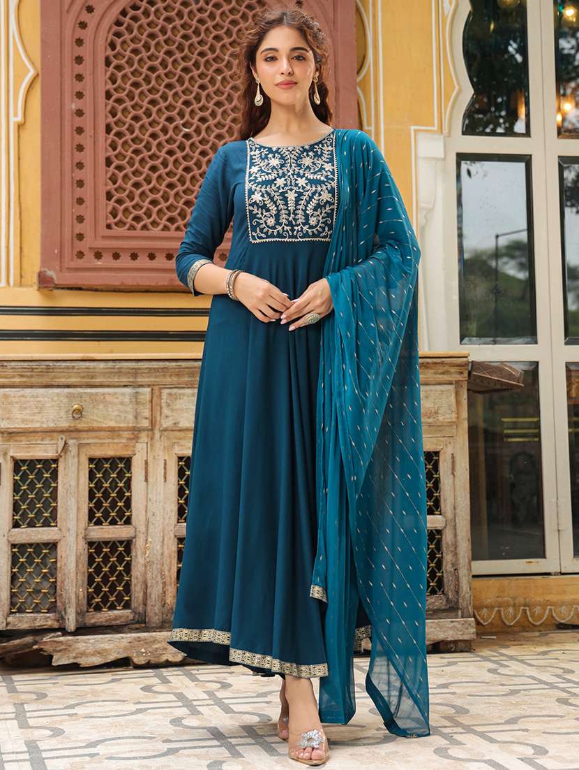 women three quarter sleeve anarkali kurta pant with dupatta set