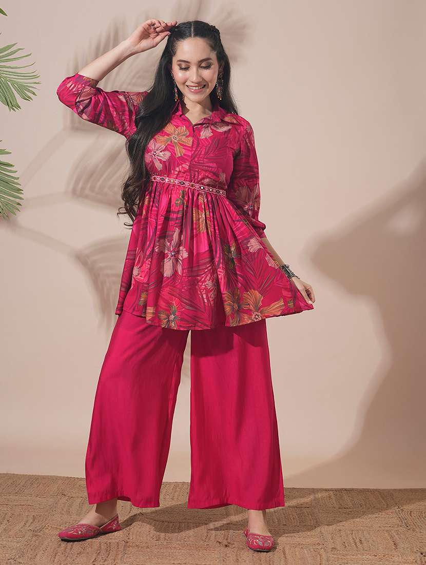 globus women pink shirt collar tropical print peplum style tunic with palazzos & embroidered belt fusion co-ord set