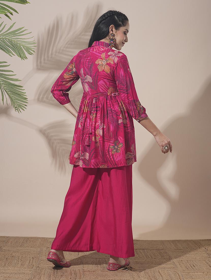 globus women pink shirt collar tropical print peplum style tunic with palazzos & embroidered belt fusion co-ord set - 21660757 - Standard Image - 2
