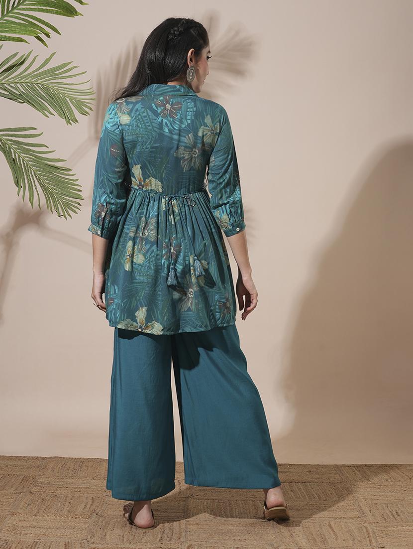 globus women teal shirt collar tropical print peplum style tunic with palazzos & embroidered belt fusion co-ord set - 21660758 - Standard Image - 2