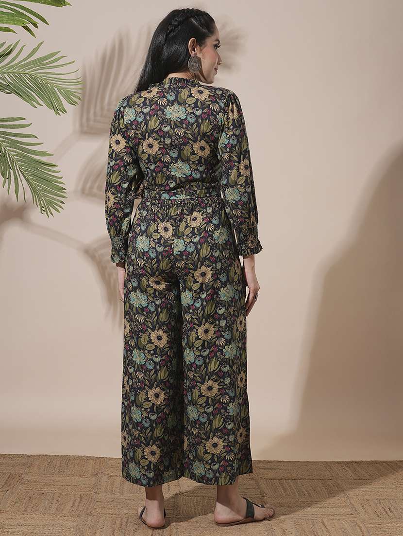 globus women black frilled v-neck floral print shirt style crop top with partially elasticated palazzos fusion co-ord set - 21660759 - Standard Image - 2