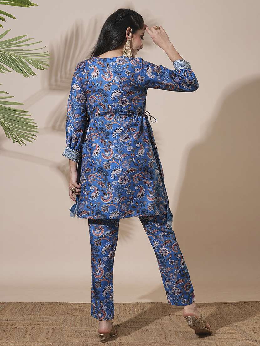 globus women blue round neck floral print drawstring detail tunic with mid-rise narrow pants fusion co-ord set - 21660760 - Standard Image - 2