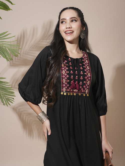 globus women black embroidered yoke tie-up detailing bishop sleeves gathered a-line mini workwear dress - 21660761 - Standard Image - 0