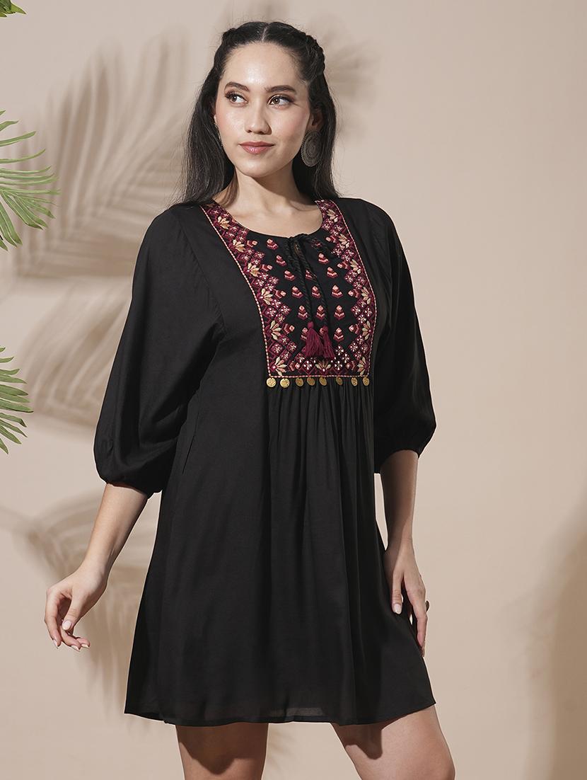 globus women black embroidered yoke tie-up detailing bishop sleeves gathered a-line mini workwear dress - 21660761 - Standard Image - 2