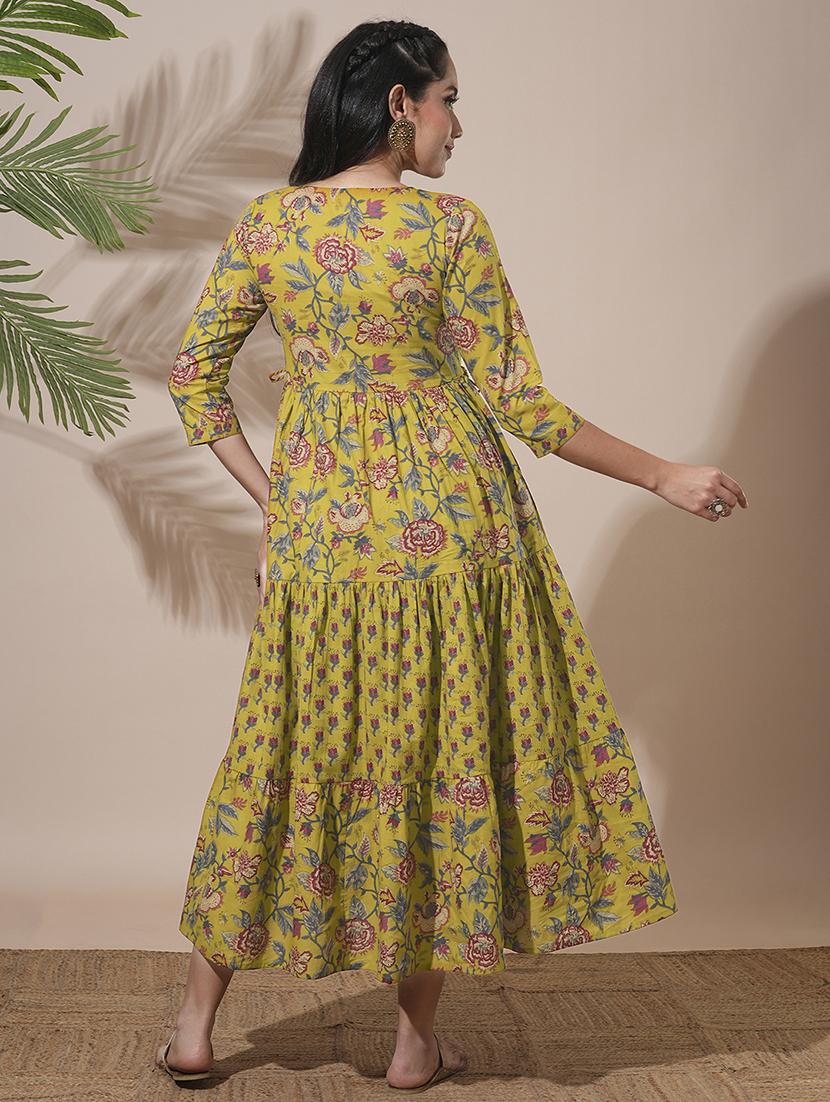 globus women yellow allover floral printed abla work waist tie-up detailing a-line tiered midi workwear dress - 21660764 - Standard Image - 2