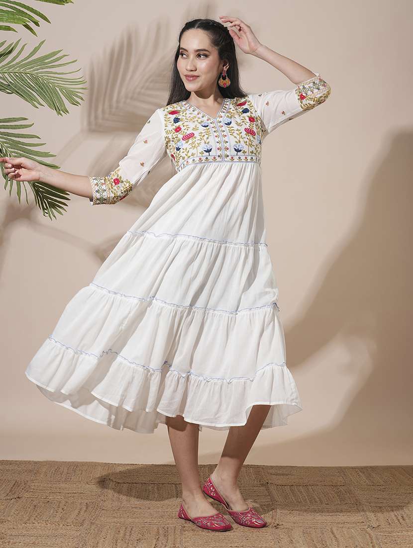 globus women white floral embroidered v-neck gathered & tiered a-line midi festive dress
