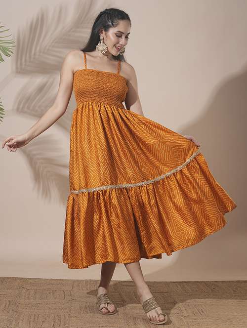globus women yellow bandhani print strappy shoulder smocked sequin lace detailing tiered fit & flare midi fusion dress - 21660769 - Standard Image - 0
