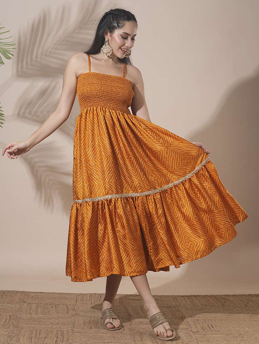 globus women yellow bandhani print strappy shoulder smocked sequin lace detailing tiered fit & flare midi fusion dress - 21660769 - Zoom Image - 0