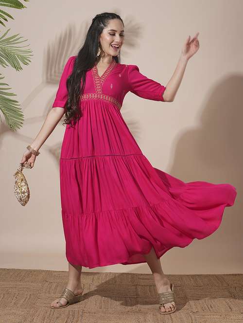 globus women pink embroidered v-neck puff sleeves gathered & tiered a-line midi festive dress - 21660770 -  Standard Image - 0