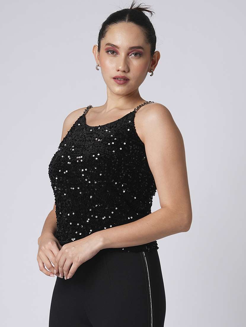 globus women black round neck chain shoulder straps sequinned velvet party top
