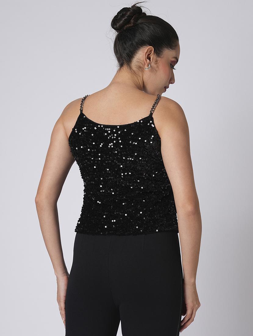 globus women black round neck chain shoulder straps sequinned velvet party top - 21660773 - Standard Image - 2