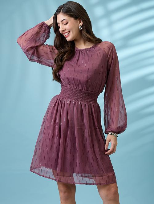 globus women mauve bishop sleeves self design georgette sheen smocked mini fit & flare party dress - 21660780 -  Standard Image - 0