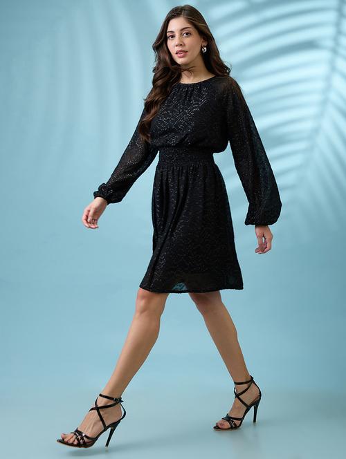globus women black bishop sleeves self design georgette sheen smocked mini fit & flare party dress - 21660781 - Standard Image - 0