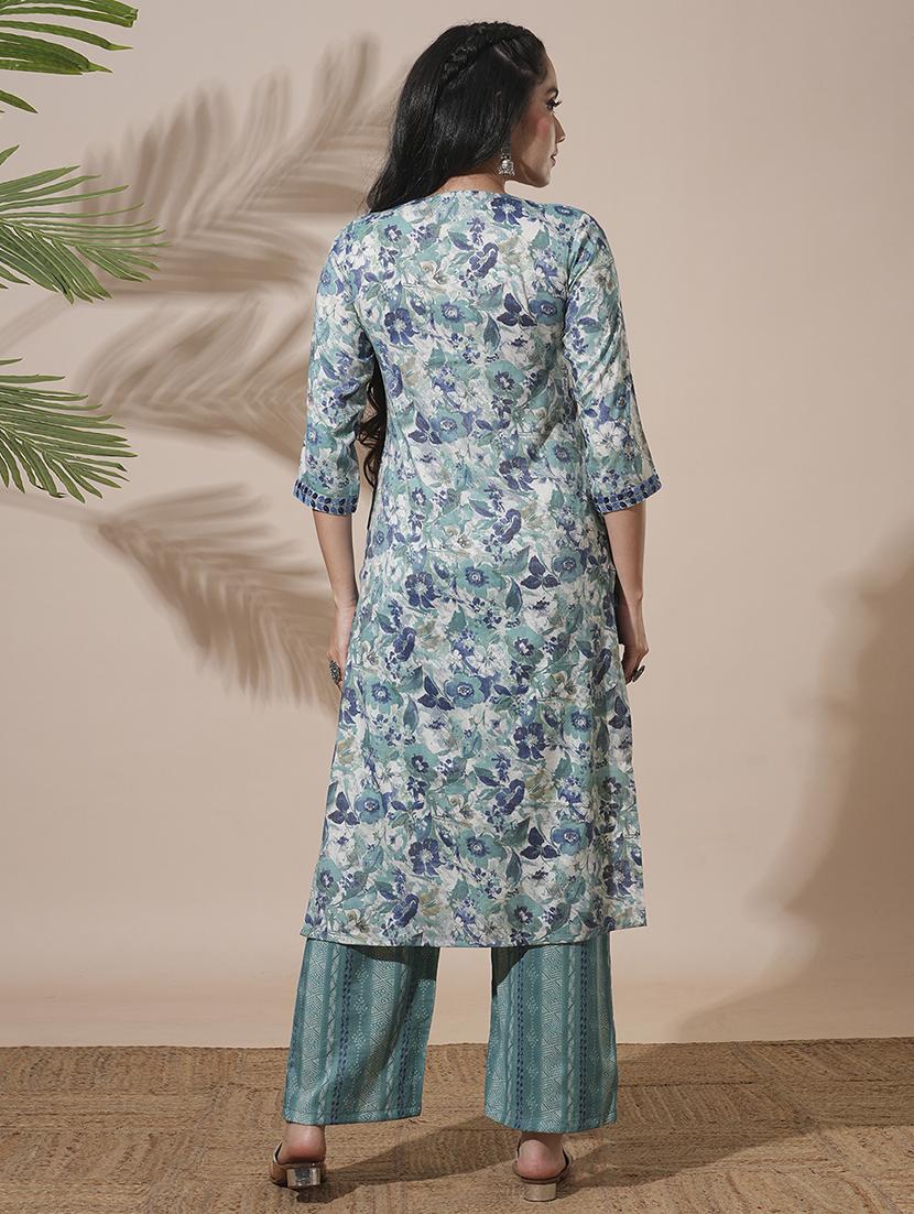 globus women green floral print v-neck straight kurta with elasticated waist pant workwear set - 21660785 - Standard Image - 2