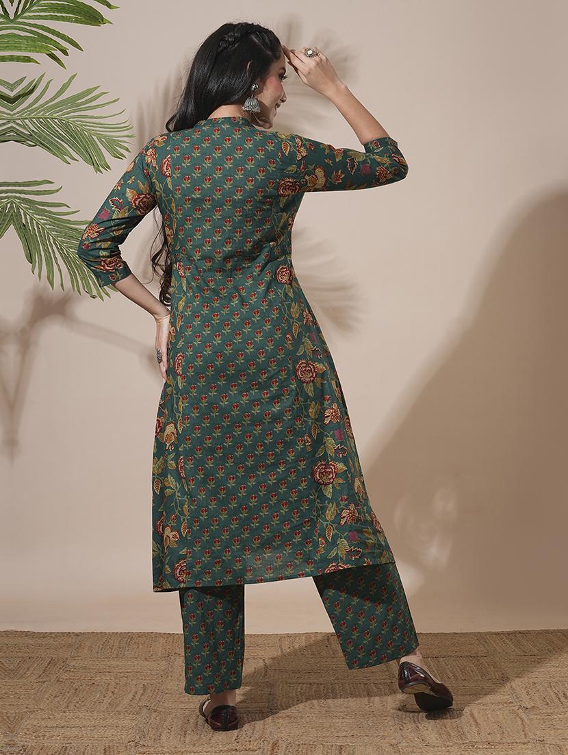 globus women green floral print mandarin neck panelled a-line kurta with elasticated waist pant workwear sets - 21660787 - Standard Image - 2