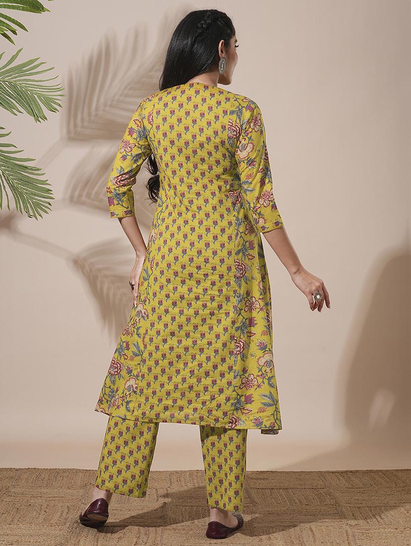 globus women green floral print mandarin neck panelled a-line kurta with elasticated waist pant workwear sets - 21660788 - Standard Image - 2