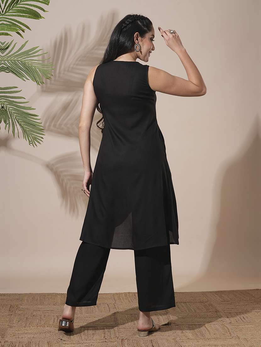 globus women black v-neck embroidered & mirror work detail high-low hem front slits a-line kurta with pant fusion wear set - 21660791 -  Standard Image - 2