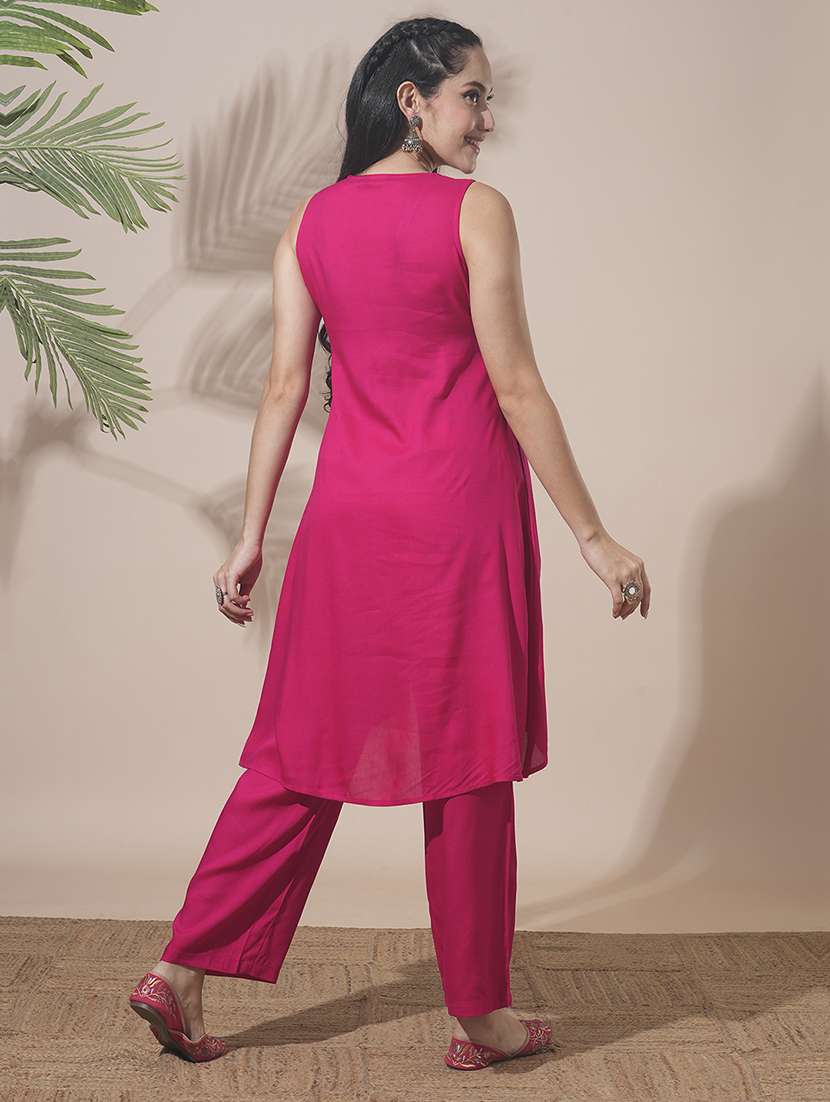 globus women pink v-neck embroidered & mirror work detail high-low hem front slits a-line kurta with pant fusion wear set - 21660792 -  Standard Image - 2