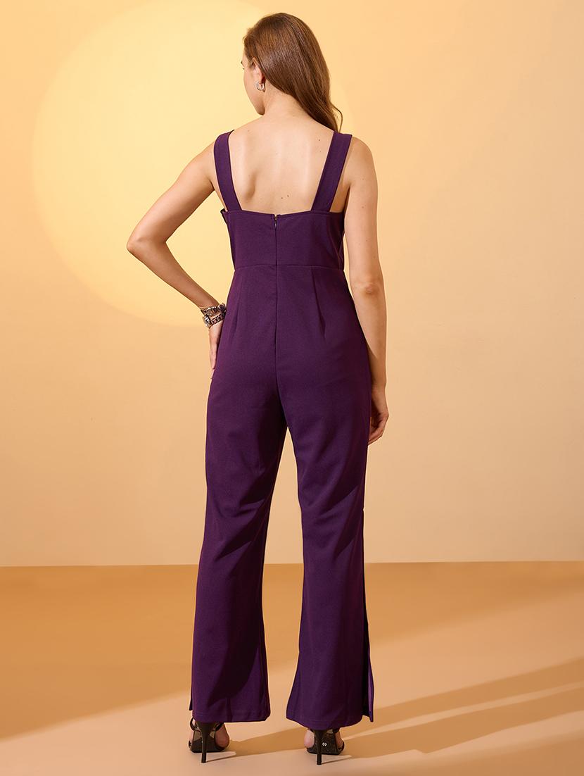 globus women purple sweetheart neck strappy shoulder solid side slit hem party jumpsuit - 21660794 - Standard Image - 2