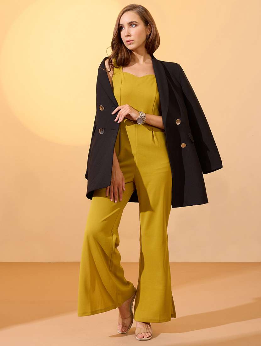 globus women lime green sweetheart neck strappy shoulder solid side slit hem party jumpsuit