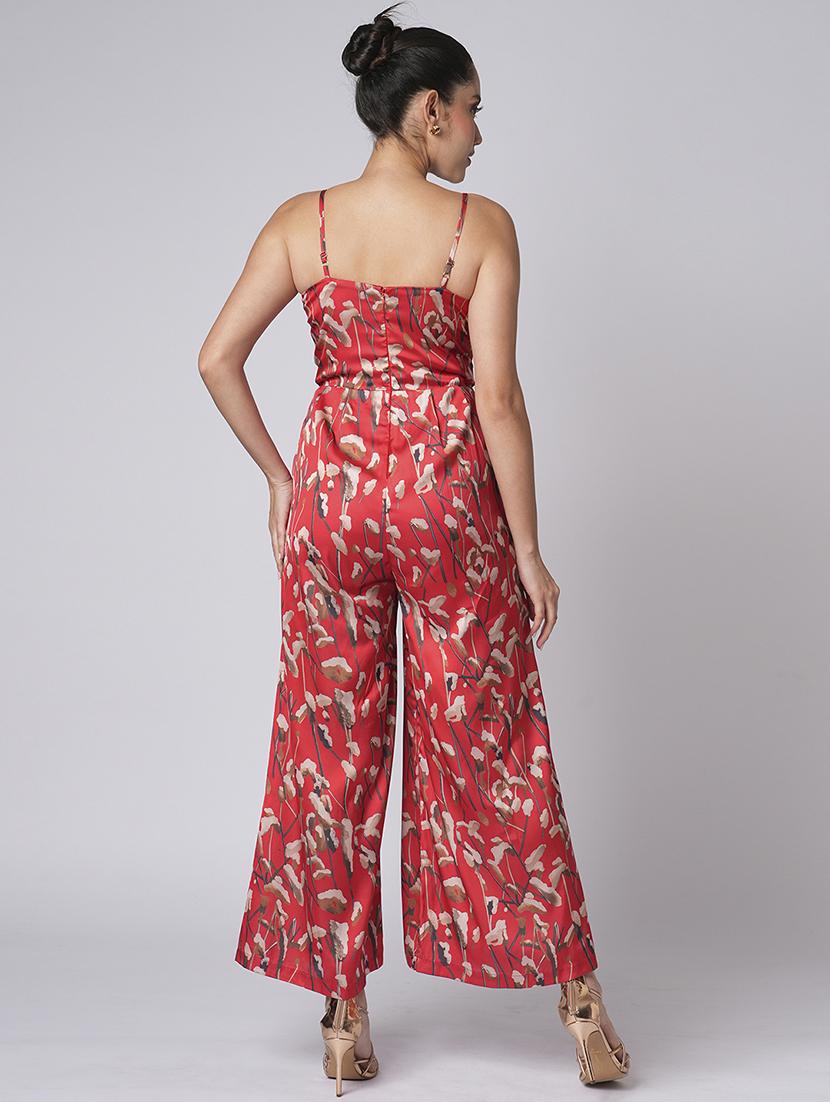 globus women red sweetheart neck strappy shoulder floral print satin wide leg party jumpsuit - 21660796 - Standard Image - 2