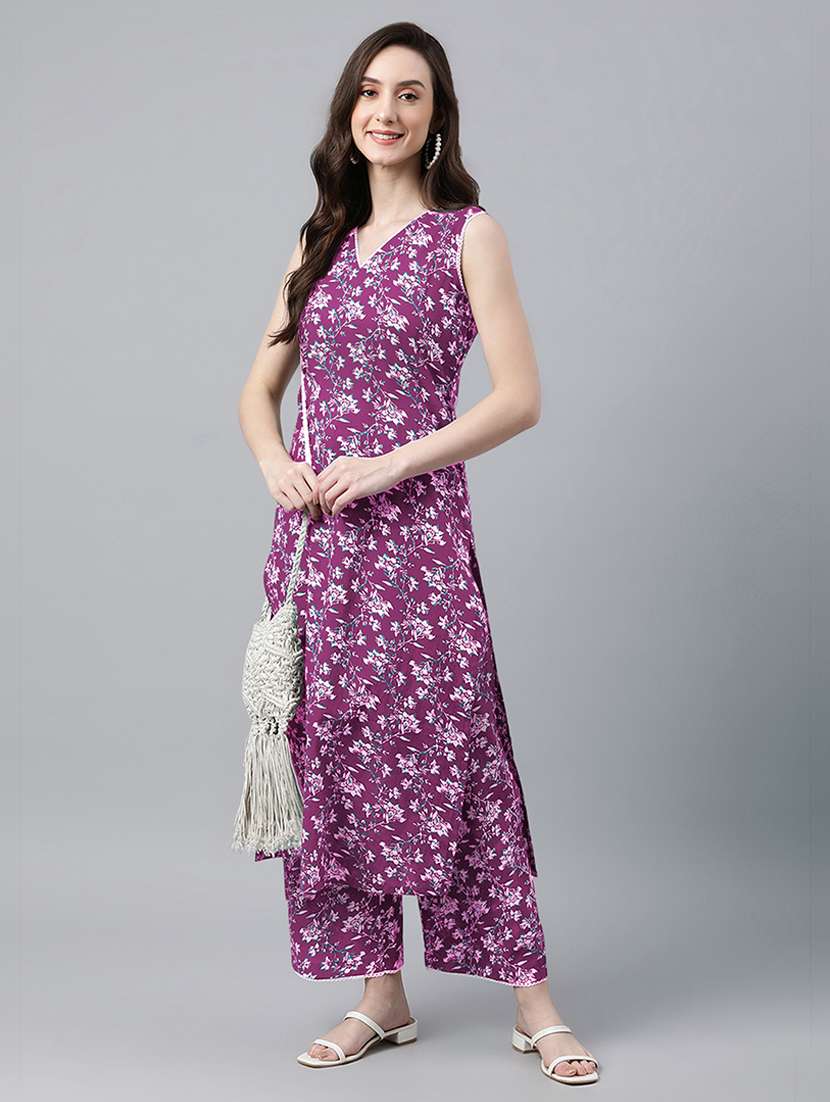 women floral printed sleeveless kurta pant set
