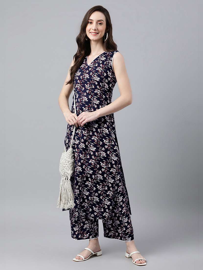women floral printed sleeveless kurta pant set