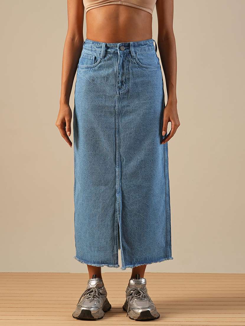globus women light blue mid-rise front slit fringed hem midi straight denim skirt