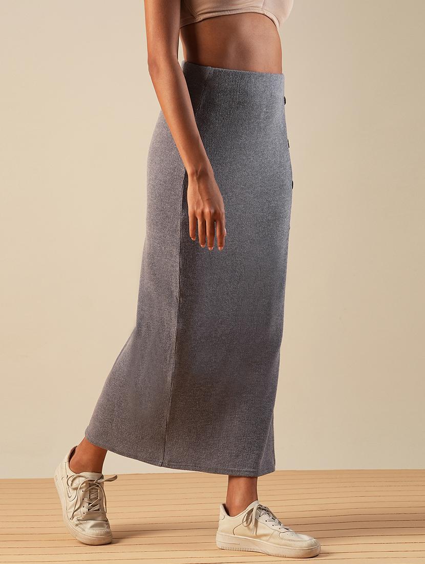 globus women grey self design button detail mid-rise side slit midi pencil skirt - 21661198 - Standard Image - 2