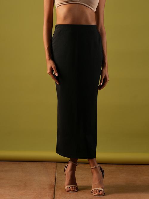 globus women black self design stretchable high-rise back slit midi workwear pencil skirt - 21661207 - Standard Image - 0
