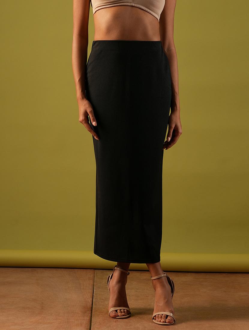 globus women black self design stretchable high-rise back slit midi workwear pencil skirt - 21661207 - Zoom Image - 0