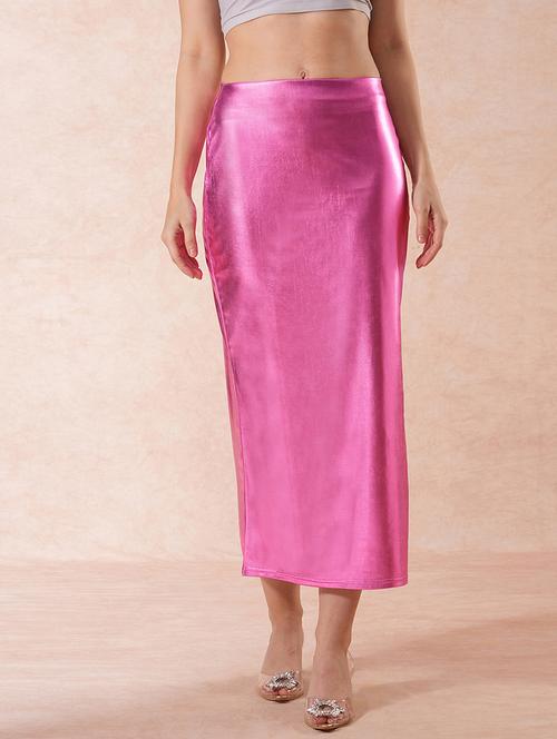 globus women pink stretchable sheen mid-rise side slit midi pencil party skirt - 21661211 -  Standard Image - 0