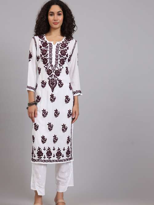 women chikankari three quarter sleeve straight kurta - 21661218 -  Standard Image - 0